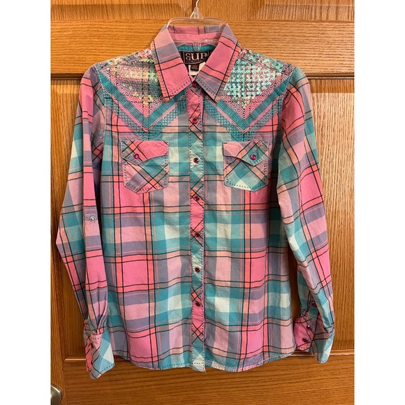 Cowgirl Up Tops - Cowgirl Up Pink Plaid Sequin Snap Shirt Womens Small Western Rodeo